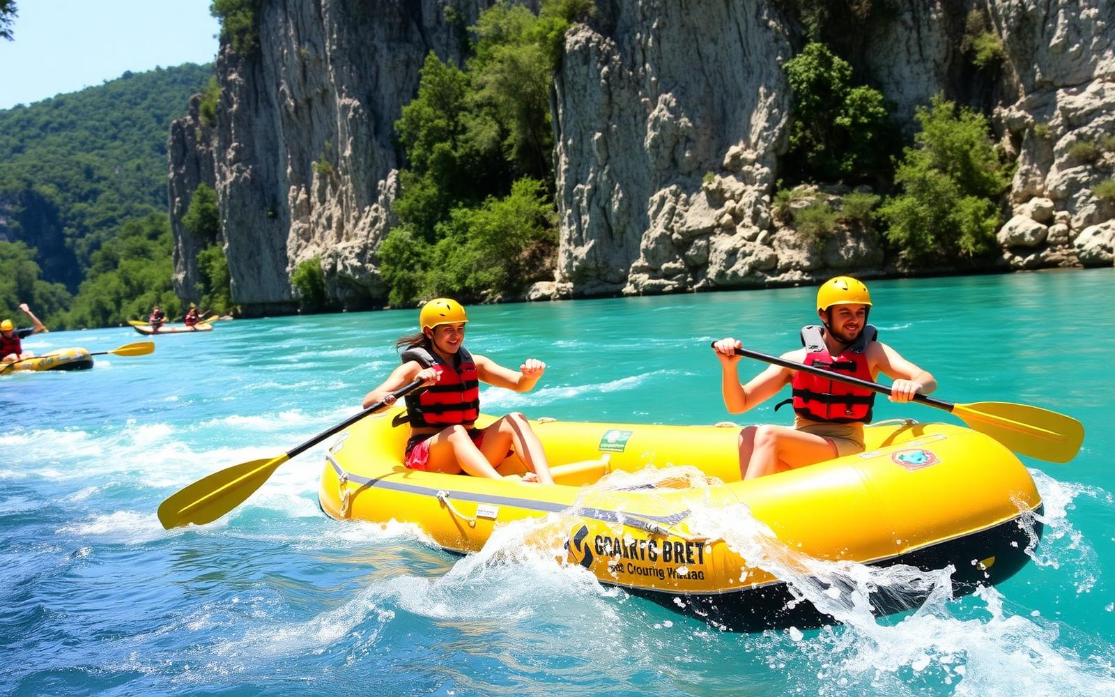 Aktivitetsillustration: familie på rafting i turkist flodvand.