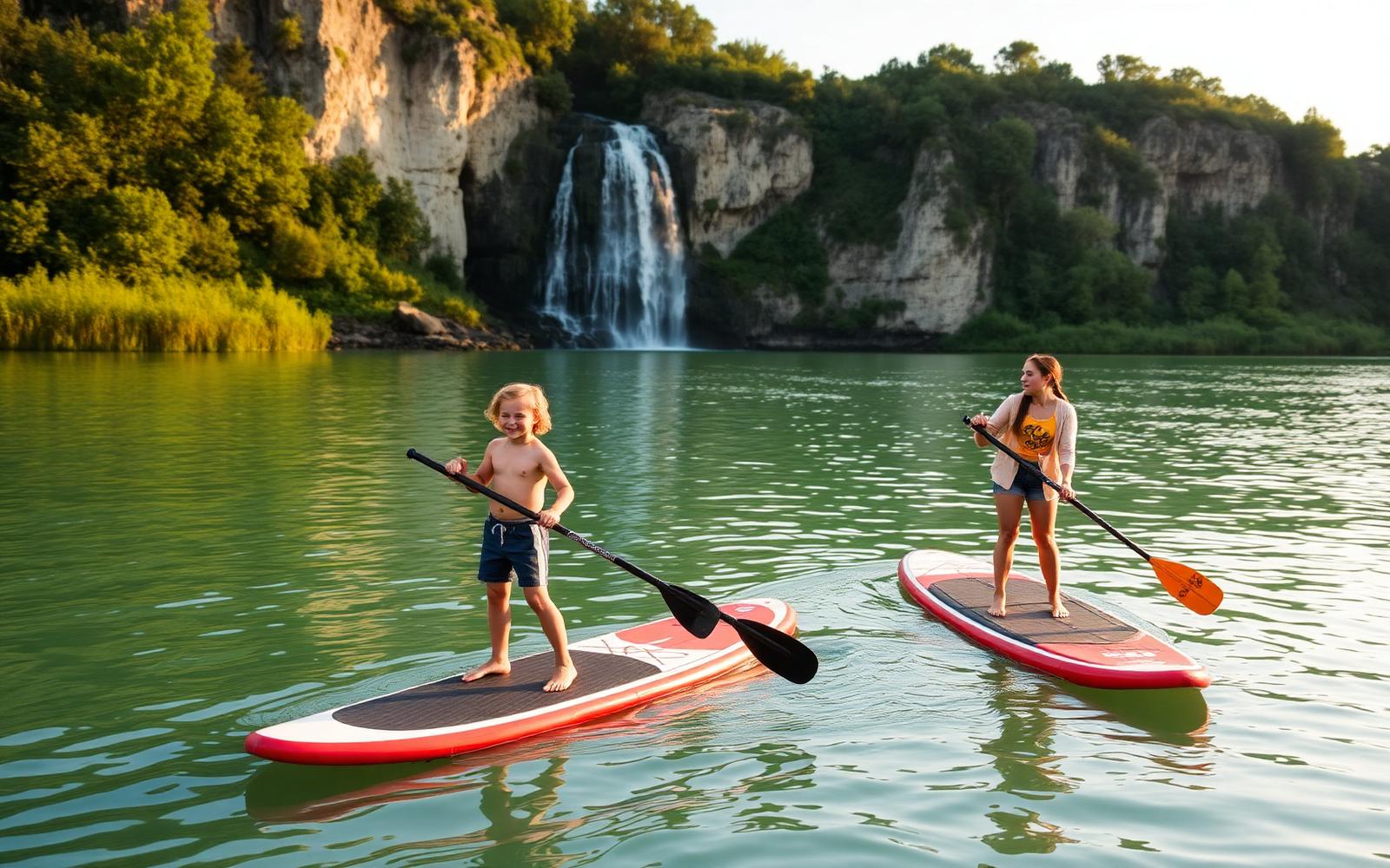 Aktivitetsillustration: familie på paddleboards på roligt flodvand.