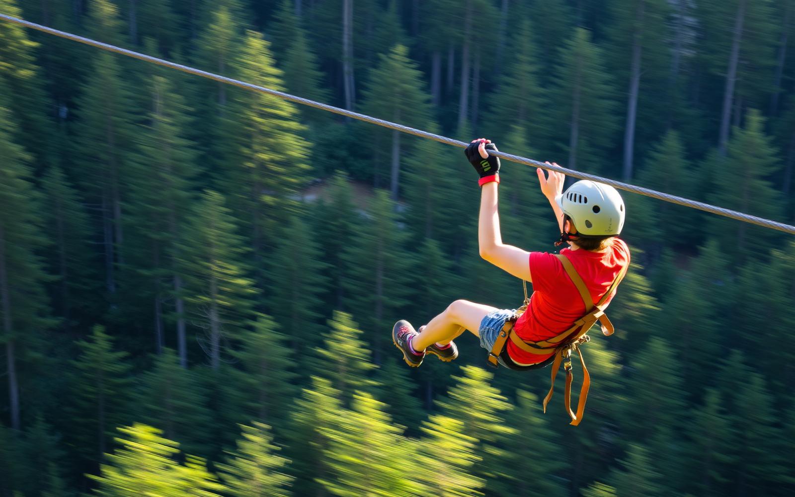 Aktivitetsillustration: person på zipline over skov.