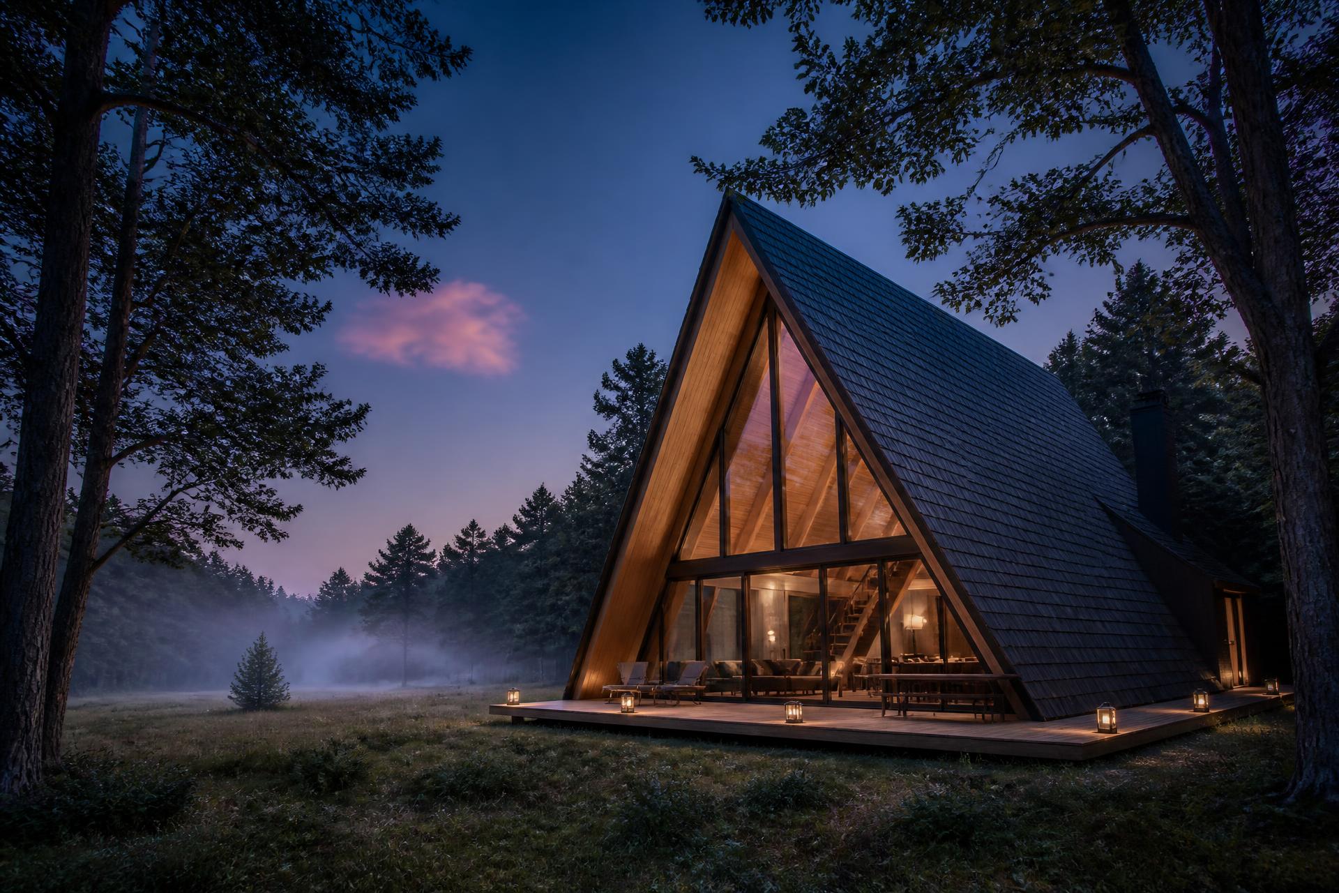 A-frame lodge ved skumring